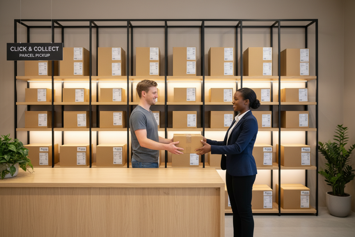 an african female employee standing behind a store counter with a backdrop of shelves holding small to medium sized brown delivery boxes and she is handing over a parcel in a brown delivery  box to a male white customer 